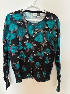 Jones New York Black and Teal Knit Top - Size Medium